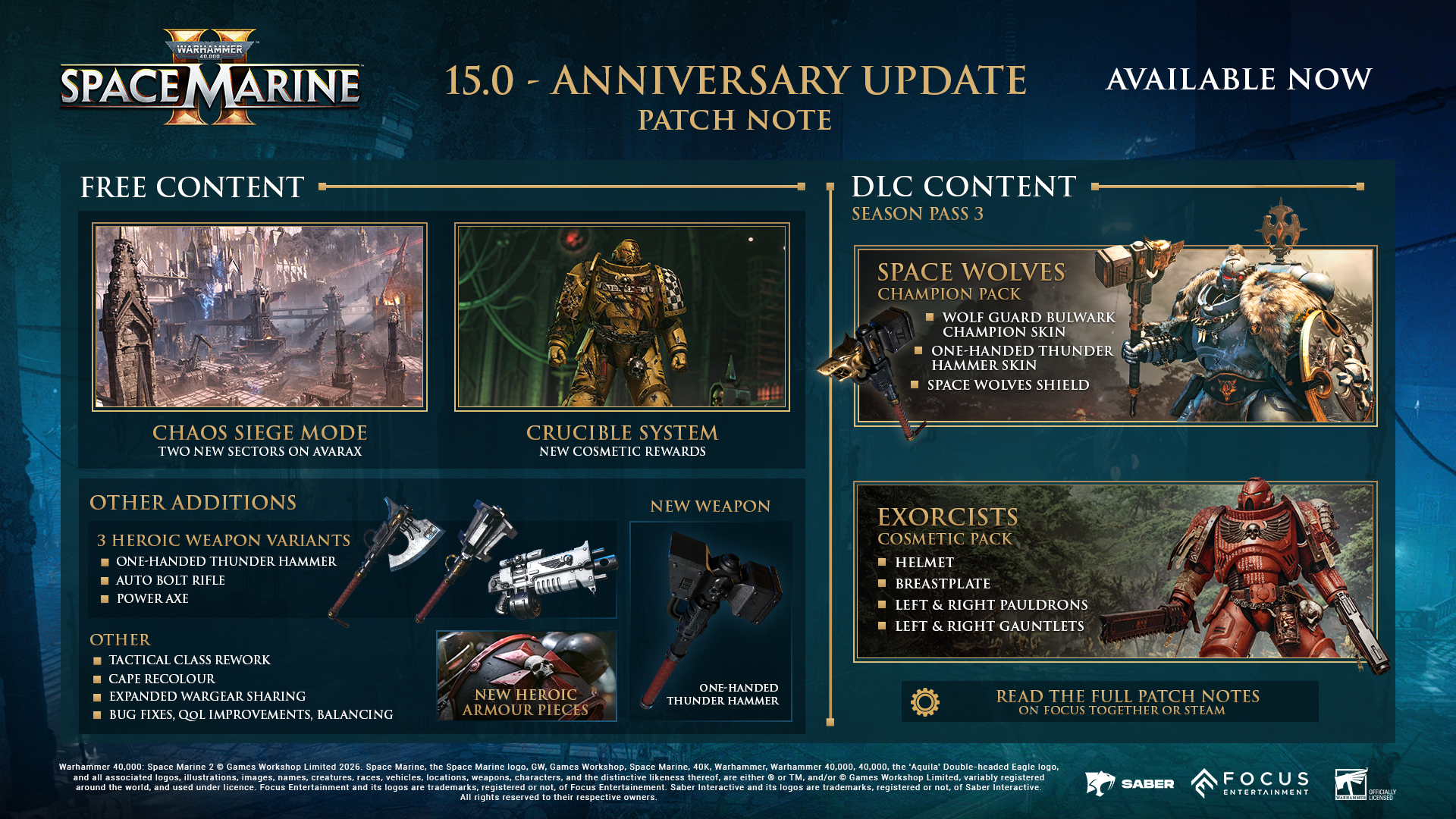 Патч 15.0 для Space Marine 2: Осада Хаоса, Горнило, новое оружие и изменения баланса